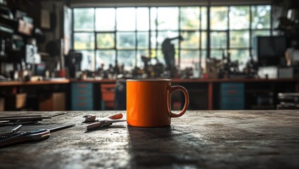 Orange Mug on Workshop Table