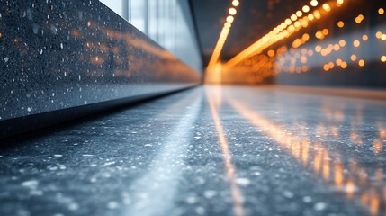 Gleaming floor reflects warm light streaks modern corridor. AI Generated