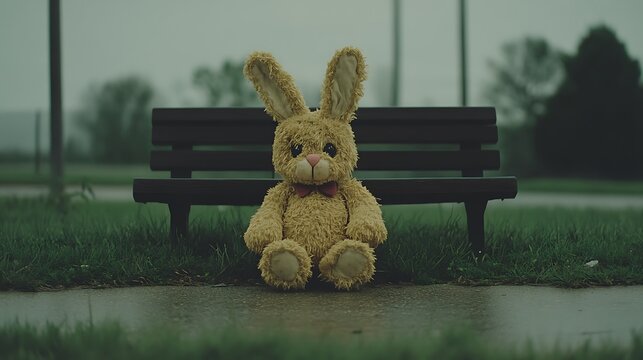 Lonely Stuffed Bunny Rabbit on Park Bench Missing Owner in a Sad Rainy Weather Outdoor Atmosphere - Powered by Adobe