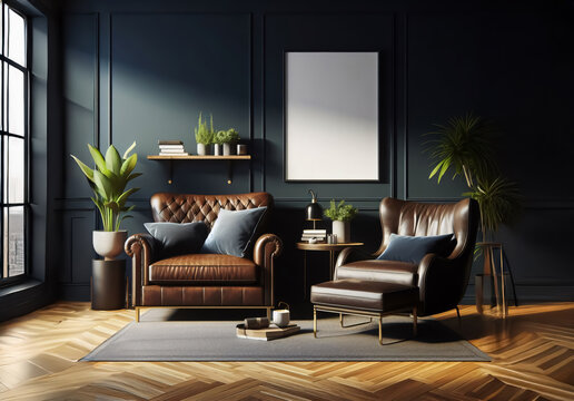 Eleganter Wohnraum mit Sitzm&ouml;bel und einem Blanko-Wandbild, mock-up, Vorlage f&uuml;r Raumbilder mit Poster oder Leinwandbilder