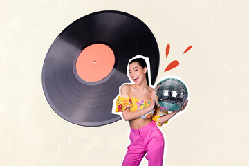 Composite art 3d creative image collage of happy carefree girl hold retro disco ball vinyl disk...