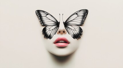 Minimalist Pencil Painting of Woman's Face with Pink Butterfly, Abstract Image, Texture, Pattern Background, Wallpaper, Cover and Screen of Smartphone, PC, Laptop, 9:16 and 16:9 Format