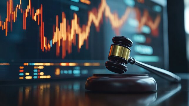 gavel rests on a wooden table in front of a financial market graph, symbolizing justice and economic trends