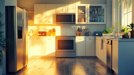 A modern kitchen with a full set of stainless steel appliances, including a refrigerator, oven, microwave, and dishwasher, illuminated by warm morning sunlight.