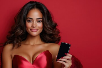 Naklejka premium This striking image features a beautiful woman in red, confidently posing with her smartphone, highlighting her poise and elegance against a luxurious, red background.
