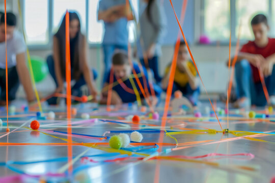 Engaging group activity with colorful strings and objects on floor