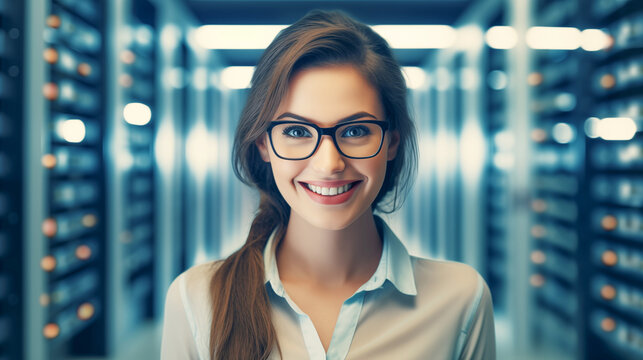 Portrait of a smiling female technician in a server room corridor, ensuring efficient data management and network performance