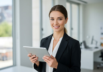 Confident Businesswoman Holding Tablet in Modern Office Smiling at Camera Portrait