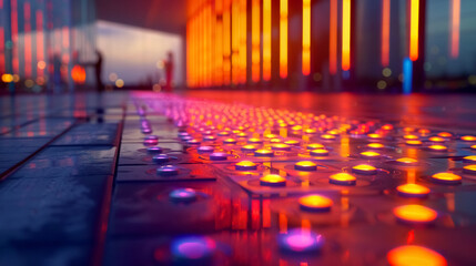 Vibrant illuminated floor with colorful lights creating stunning visual effect at dusk