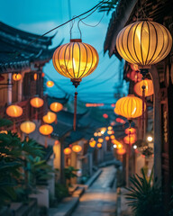 Beautiful lanterns illuminate serene street at dusk, creating warm ambiance. vibrant colors and soft glow enhance charm of historical site