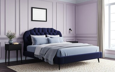 Elegant purple bedroom, blue velvet bed, calm morning. Interior design mockup