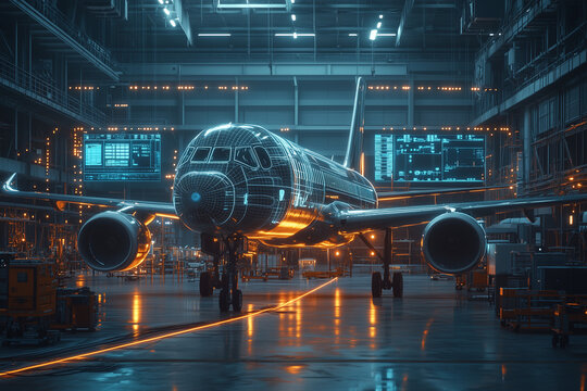 A high-tech aircraft with a glowing wireframe blueprint is displayed in a futuristic hangar filled with digital interfaces and advanced maintenance technology.  