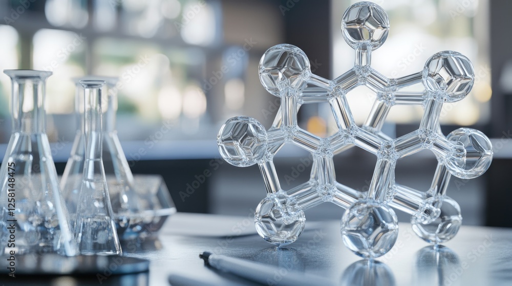 Poster 3d model of molecular structure in a lab setting with scientific equipment.