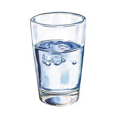 Glass of water with bubbles, watercolor illustration isolated on transparent background