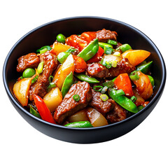 Colorful beef stir-fry with vegetables in a black bowl.