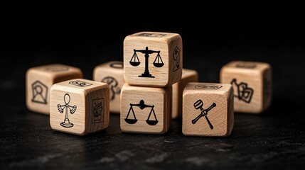 Wooden blocks with legal symbols representing justice and law concepts
