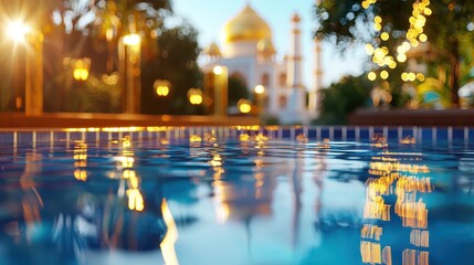 Tranquil Evening Reflection of a Grand Palace by a Swimming Pool