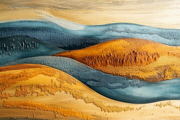 Textured landscape artwork featuring hills in warm and cool tones