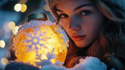 Naklejka premium A woman holding a warm glowing lantern, set against the backdrop of snowy seasonal atmosphere