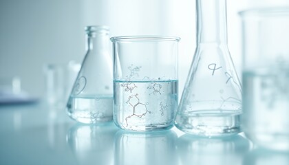 Laboratory Glassware with Liquid and Molecular Structures for Scientific Research