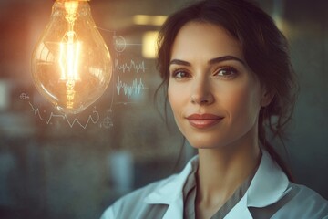 A female scientist looks thoughtfully at a glowing lightbulb with overlaid graphs and charts, symbolizing innovation and scientific discovery.