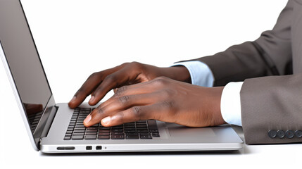 Close-up of a businessman typing on a laptop against a white background symbolizing productivity technology and efficiency