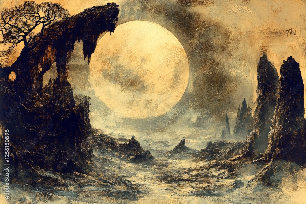 Aufkleber mysterious landscape under a giant moon with jagged mountains and twisted trees creating an enigmati