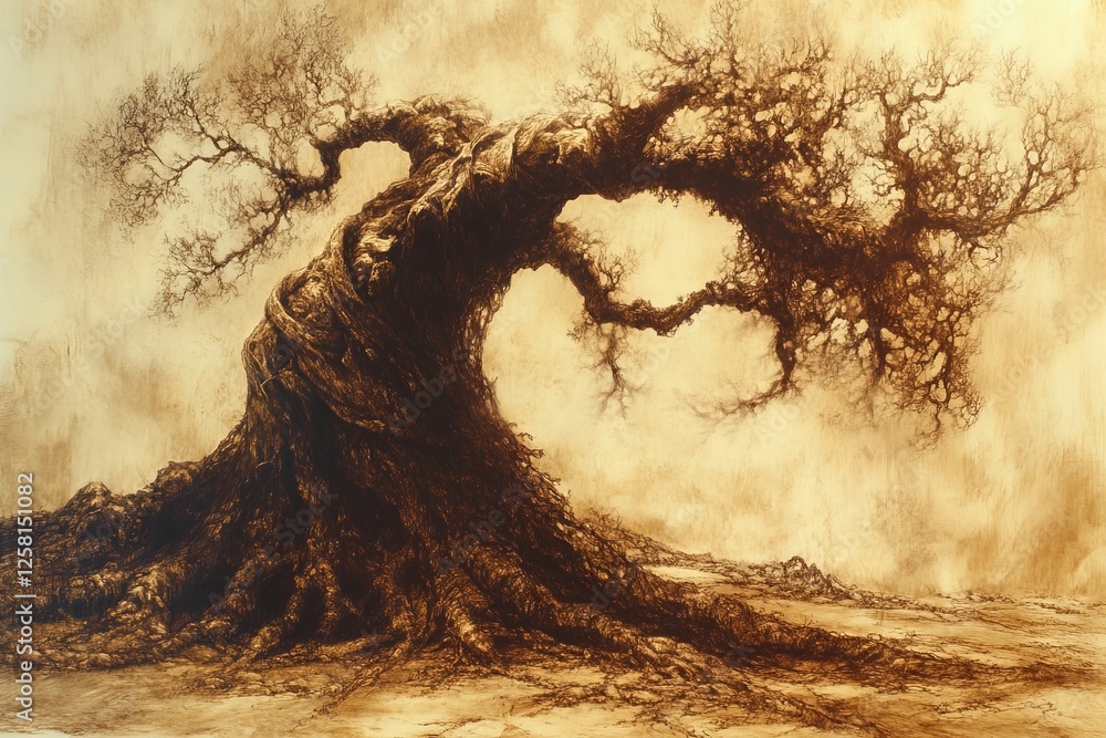 Poster unique swirling tree with intricate details stands alone against a textured background in an artisti