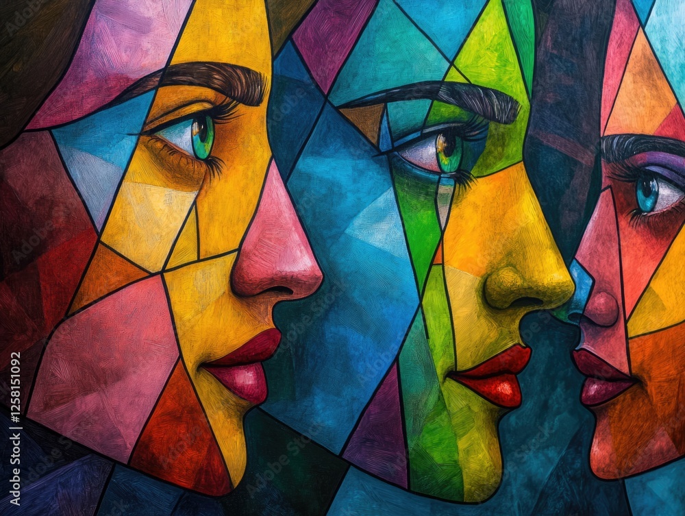 Poster a triptych with faces that showcase a blend of different ethnic backgrounds, highlighting the divers