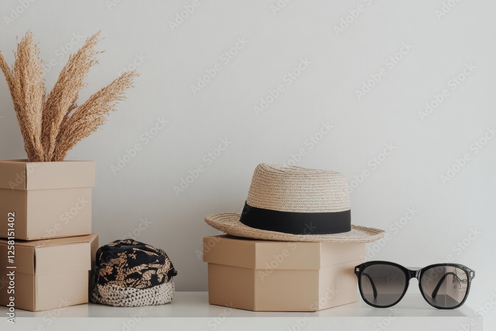 Poster stylish accessories displayed in minimalist setting with hats, glasses, and handbags in elegant boxe