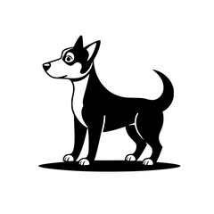 Black and white dog illustration, minimalist flat design, standing profile in a white background, standing on a green field