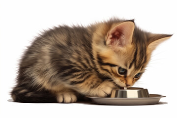 Cute grey tabby kitten eating from a bowl isolated on white
