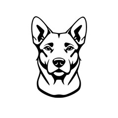 Monochrome portrait of a dog, stylized with bold lines and a focus on the head and expressive eyes.