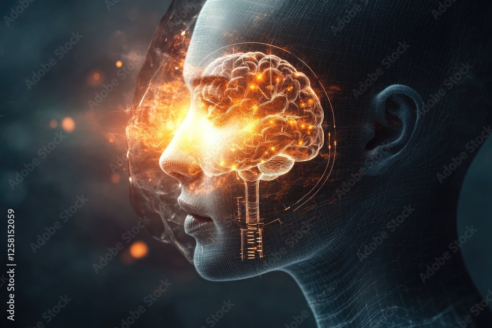 Poster a digital rendering of a human head with a glowing brain, showcasing the concept of ai and neural ne