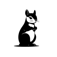 A sleek, minimalist illustration of a squirrel-like creature in black and white.