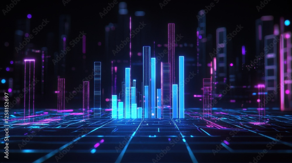 Poster modern data visualization with neon bars on digital grid background