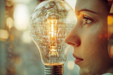 Woman contemplating a lightbulb filled with data, symbolizing innovative ideas and technological solutions.