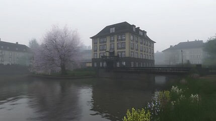Fototapeta premium Misty Urban Landscape with Buildings and Blossoming Tree Reflected in Water on a Foggy Day