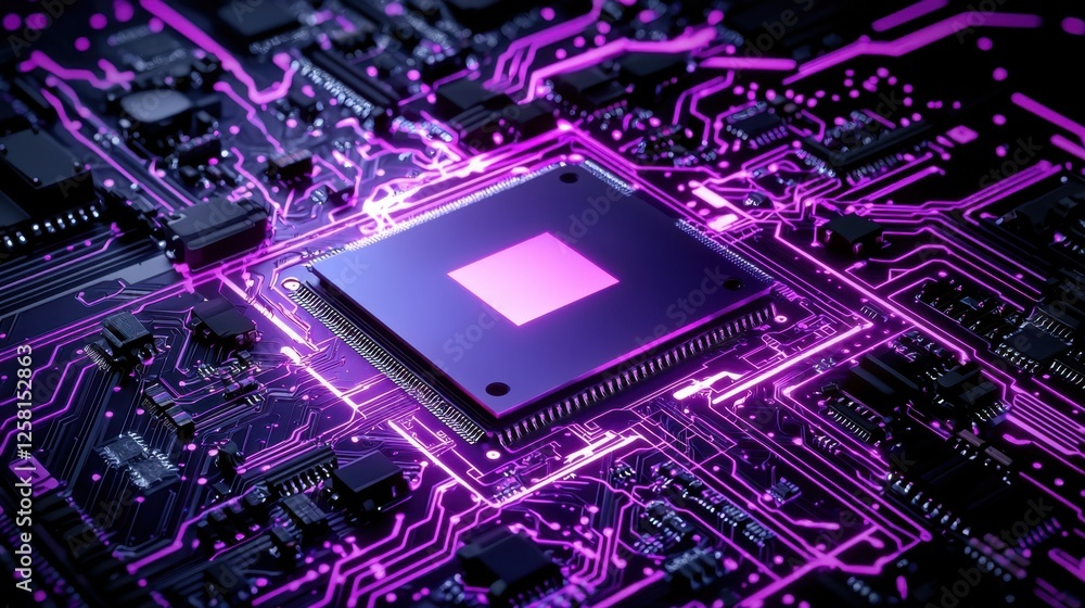 Aufkleber abstract close-up of microchip on circuit board with neon glow