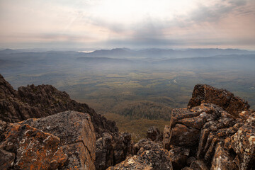 Mt. Field National Park in Tasmanien. Mount Field West.  Bush Fire from the Mainland in 2019.