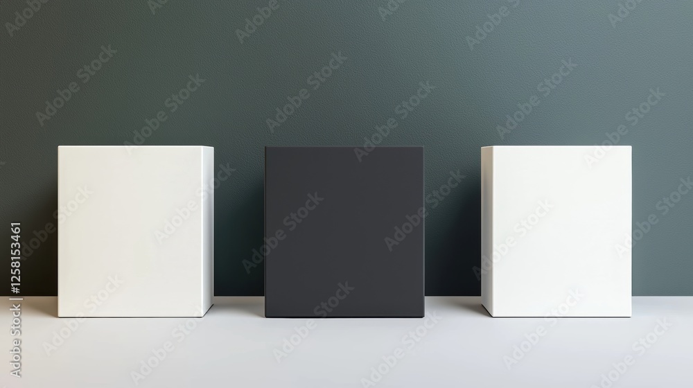 Poster minimalistic display of geometric boxes arranged on a surface against a textured background, showcas