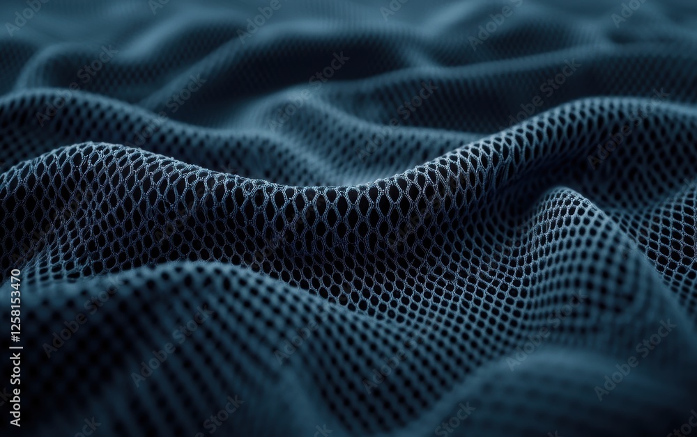 Poster a close-up view of textured mesh fabric showcasing its intricate pattern and depth in a dark, moody 