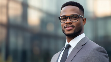 Fototapeta premium Professional man in suit with glasses, smiling confidently outdoors.