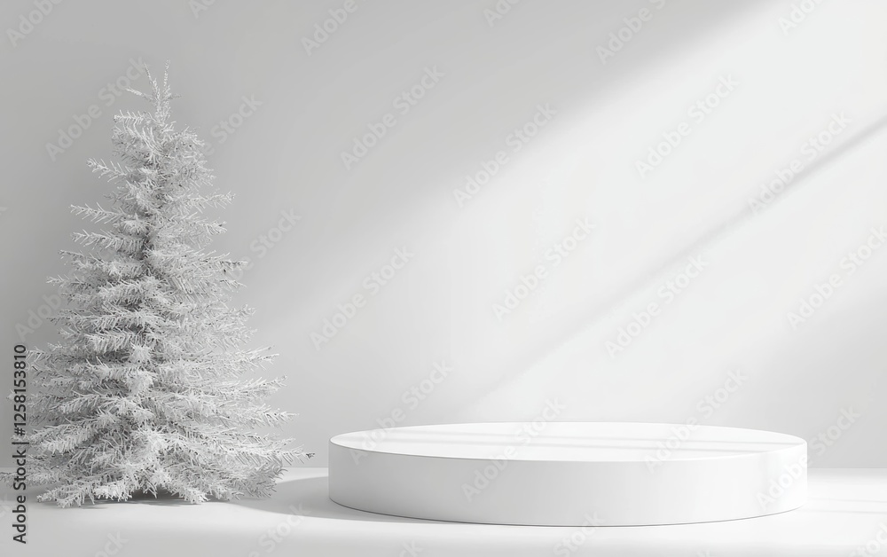 Poster minimalist winter scene featuring a white tree beside a circular display platform under soft natural