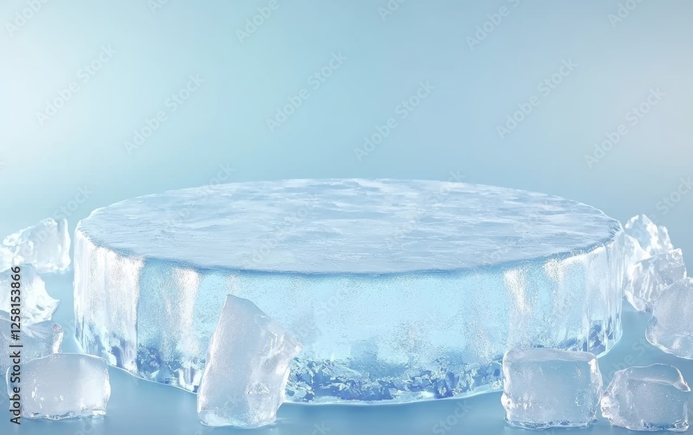 Poster a clear ice block surrounded by scattered ice cubes on a soft blue background, creating a refreshing