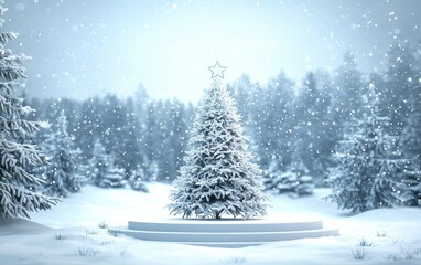 Fototapeta premium A serene winter landscape featuring a snow-covered Christmas tree with a star, surrounded by a tranquil snowy forest.