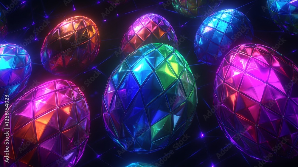 Poster multicolored triangular patterned spheres artistically displayed on a dark stage backdrop design