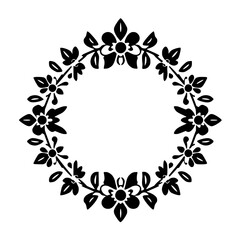Black floral circular silhouette wreath on white background.