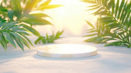 Fototapeta premium A serene nature scene featuring a circular platform surrounded by lush greenery and warm sunlight, perfect for product displays.