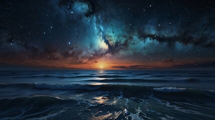 Beautifully vivid depiction of ocean waters meeting a glowing sunrise under a cosmic, starlit sky. Ideal for themes of tranquility, space, nature, and awe-inspiring vistas.
